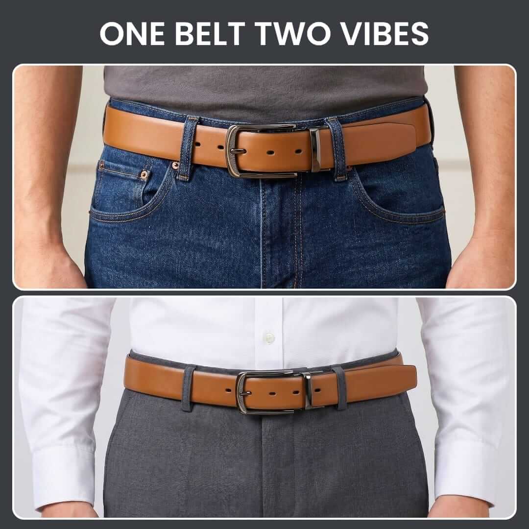 Mens 100% Genuine Leather Belt - VELARO Smooth Matte, ARQON Gold-Trim Gunmetal Pin Buckle (Brown & Black Reversible) — Leather Belts for Men | THE MEN THING