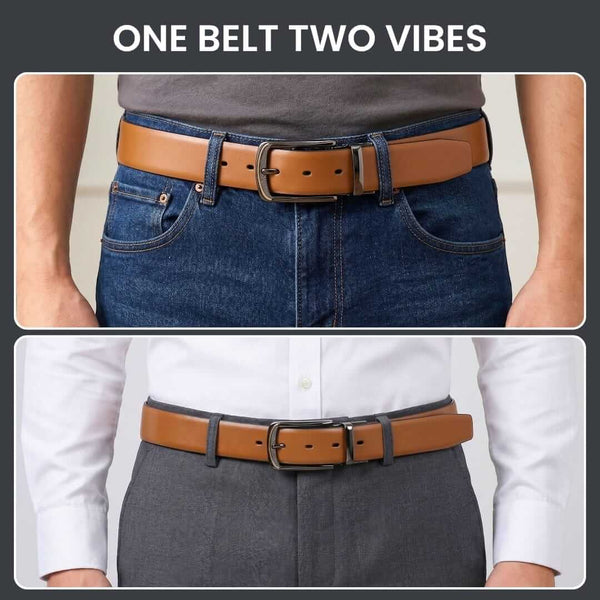 Mens 100% Genuine Leather Belt - VELARO Smooth Matte, ARQON Gold-Trim Gunmetal Pin Buckle (Brown & Black Reversible)
