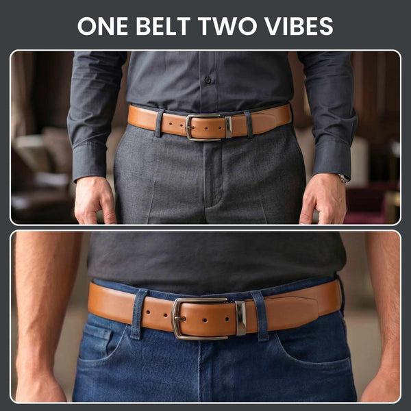 Mens 100% Genuine Leather Belt - VELARO Smooth Matte, MORVEX Matte Gunmetal Pin Buckle (Brown & Black Reversible)