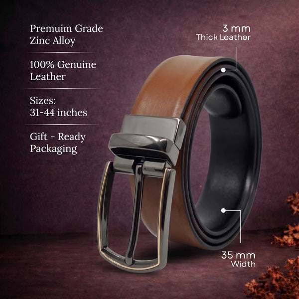 Mens 100% Genuine Leather Belt - VELARO Smooth Matte, MORVEX Matte Gunmetal Pin Buckle (Brown & Black Reversible)