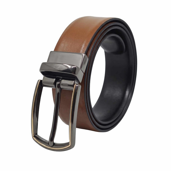 Mens 100% Genuine Leather Belt - VELARO Smooth Matte, MORVEX Matte Gunmetal Pin Buckle (Brown & Black Reversible)