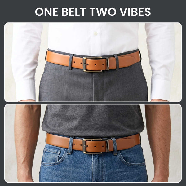 Mens 100% Genuine Leather Belt - VELARO Smooth Matte, TORVIK Gold-Border Gunmetal Pin Buckle (Brown & Black Reversible)