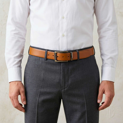 Mens 100% Genuine Leather Belt - VELARO Smooth Matte, TORVIK Gold-Border Gunmetal Pin Buckle (Brown & Black Reversible) — Leather Belts for Men | THE MEN THING