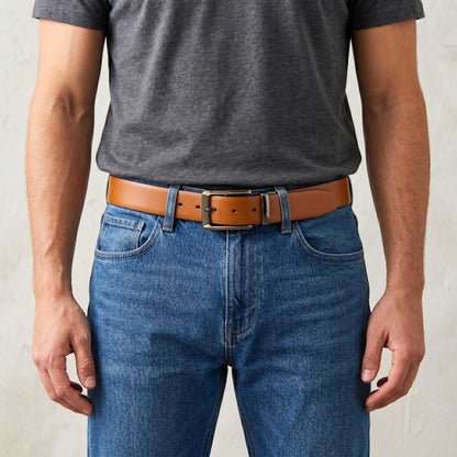 Mens 100% Genuine Leather Belt - VELARO Smooth Matte, TORVIK Gold-Border Gunmetal Pin Buckle (Brown & Black Reversible) — Leather Belts for Men | THE MEN THING