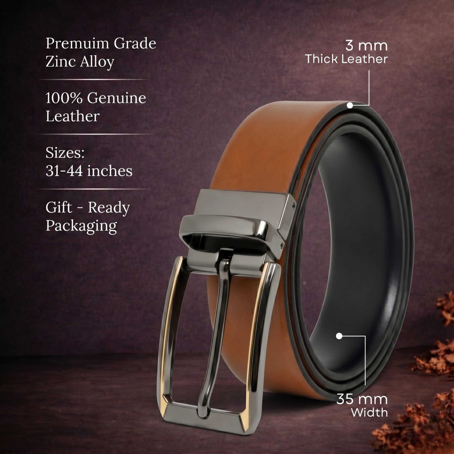 Mens 100% Genuine Leather Belt - VELARO Smooth Matte, TORVIK Gold-Border Gunmetal Pin Buckle (Brown & Black Reversible) — Leather Belts for Men | THE MEN THING