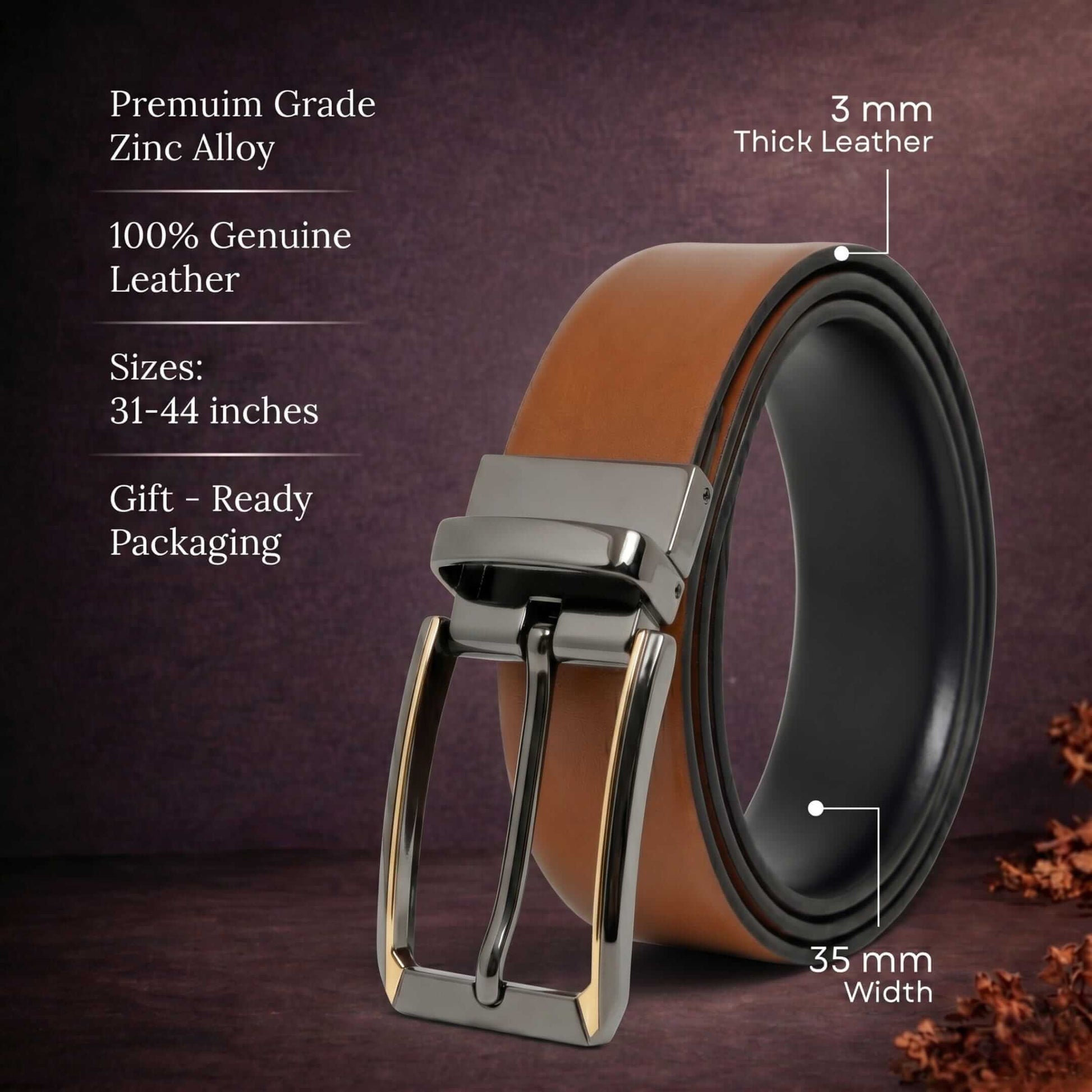 Mens 100% Genuine Leather Belt - VELARO Smooth Matte, TORVIK Gold-Border Gunmetal Pin Buckle (Brown & Black Reversible) — Leather Belts for Men | THE MEN THING