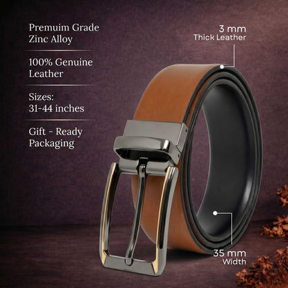 Mens 100% Genuine Leather Belt - VELARO Smooth Matte, TORVIK Gold-Border Gunmetal Pin Buckle (Brown & Black Reversible) — Leather Belts for Men | THE MEN THING