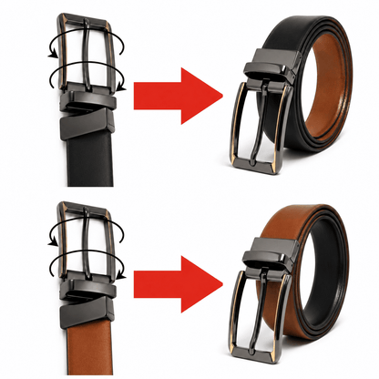 Mens 100% Genuine Leather Belt - VELARO Smooth Matte, TORVIK Gold-Border Gunmetal Pin Buckle (Brown & Black Reversible) — Leather Belts for Men | THE MEN THING