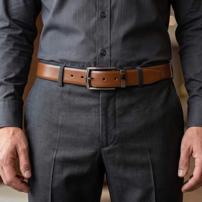 Mens 100% Genuine Leather Belt - VELARO Smooth Matte, LATCHIX Slim Gunmetal Pin Buckle (Brown & Black Reversible) — Leather Belts for Men | THE MEN THING