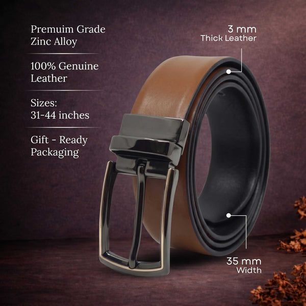 Mens 100% Genuine Leather Belt - VELARO Smooth Matte, LATCHIX Slim Gunmetal Pin Buckle (Brown & Black Reversible)