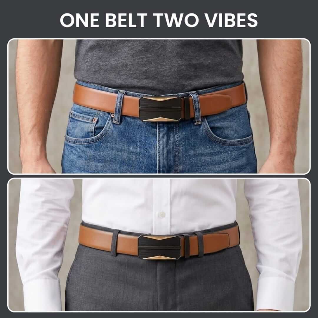 Mens 100% Genuine Leather Belt - VELARO Smooth Matte, RATCHOR Gold-Accent Auto-Lock Buckle (Brown & Black Reversible) — Leather Belts for Men | THE MEN THING