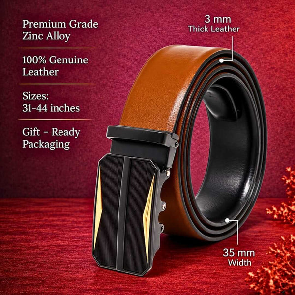 Mens 100% Genuine Leather Belt - VELARO Smooth Matte, RATCHOR Gold-Accent Auto-Lock Buckle (Brown & Black Reversible)