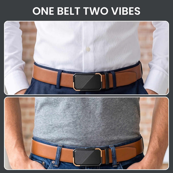 Mens 100% Genuine Leather Belt - VELARO Smooth Matte, BELVARO Gloss Gold-Frame Auto-Lock Buckle (Brown & Black Reversible)