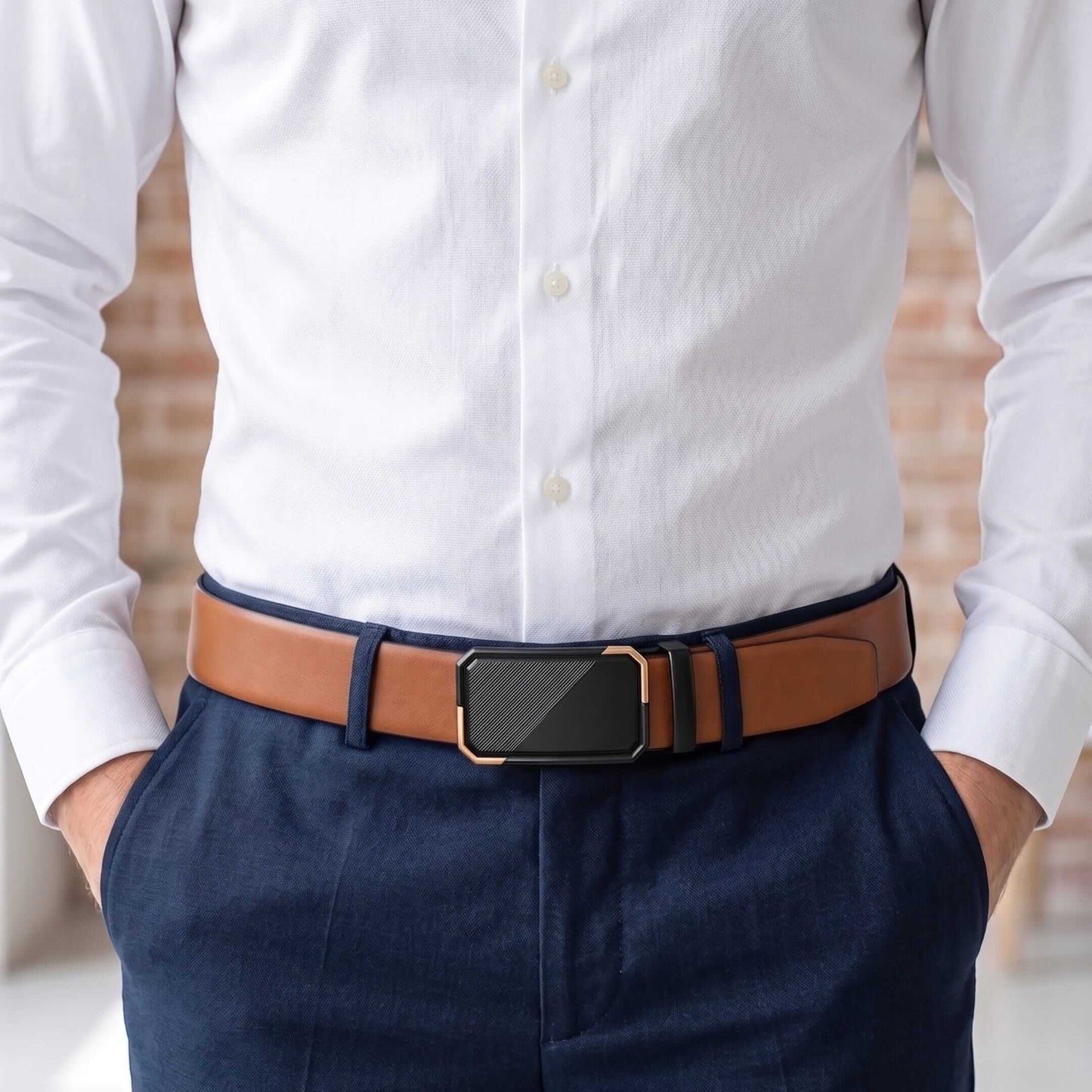 Mens 100% Genuine Leather Belt - VELARO Smooth Matte, BELVARO Gloss Gold-Frame Auto-Lock Buckle (Brown & Black Reversible) — Leather Belts for Men | THE MEN THING