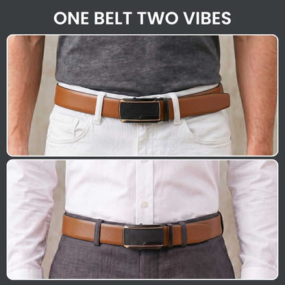 Mens 100% Genuine Leather Belt - VELARO Smooth Matte, KINGVAR Carbon-Texture Auto-Lock Buckle (Brown & Black Reversible) — Leather Belts for Men | THE MEN THING