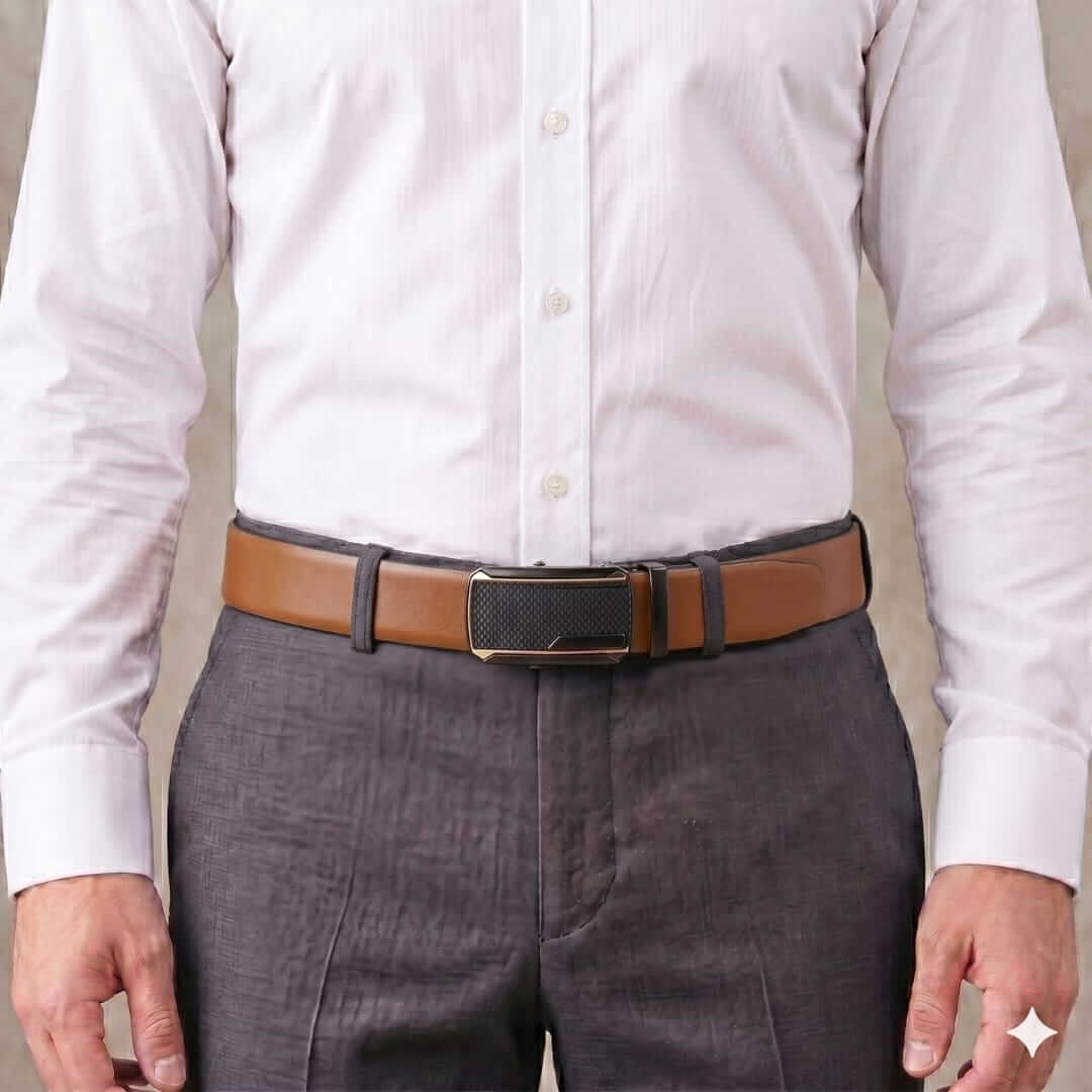 Mens 100% Genuine Leather Belt - VELARO Smooth Matte, KINGVAR Carbon-Texture Auto-Lock Buckle (Brown & Black Reversible) — Leather Belts for Men | THE MEN THING
