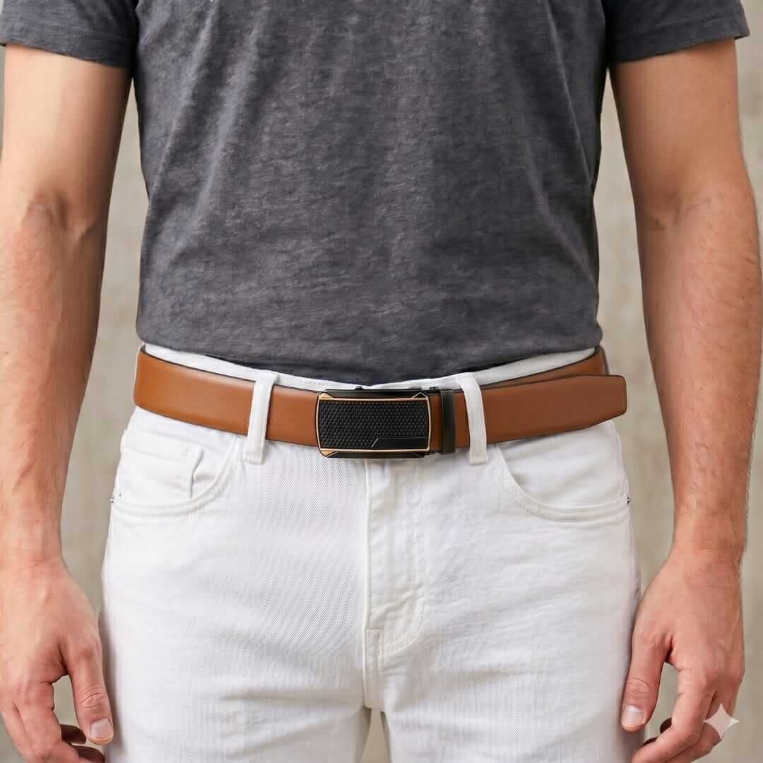 Mens 100% Genuine Leather Belt - VELARO Smooth Matte, KINGVAR Carbon-Texture Auto-Lock Buckle (Brown & Black Reversible) — Leather Belts for Men | THE MEN THING
