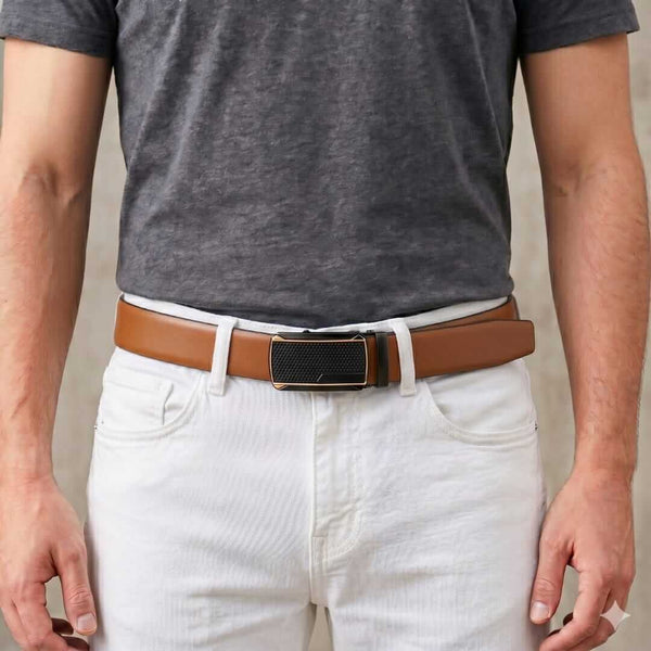 Mens 100% Genuine Leather Belt - VELARO Smooth Matte, KINGVAR Carbon-Texture Auto-Lock Buckle (Brown & Black Reversible)