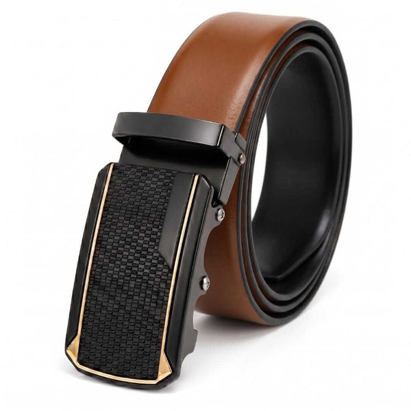 Mens 100% Genuine Leather Belt - VELARO Smooth Matte, KINGVAR Carbon-Texture Auto-Lock Buckle (Brown & Black Reversible)