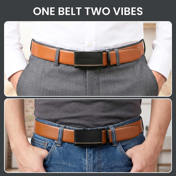 Mens 100% Genuine Leather Belt - VELARO Smooth Matte, DRAKO Ribbed Auto-Lock Buckle (Brown & Black Reversible)