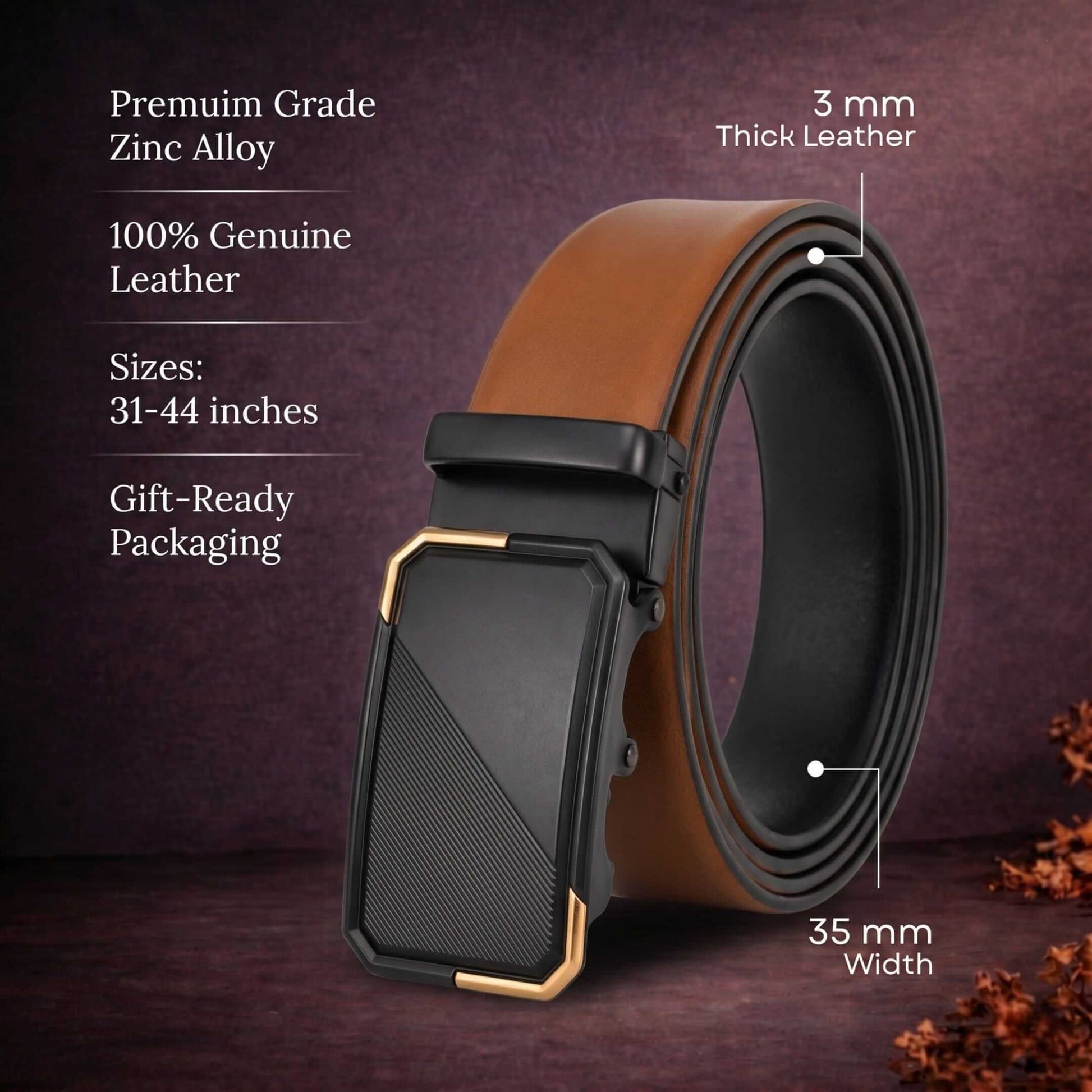 Mens 100% Genuine Leather Belt - VELARO Smooth Matte, BELVARO Gloss Gold-Frame Auto-Lock Buckle (Brown & Black Reversible) — Leather Belts for Men | THE MEN THING