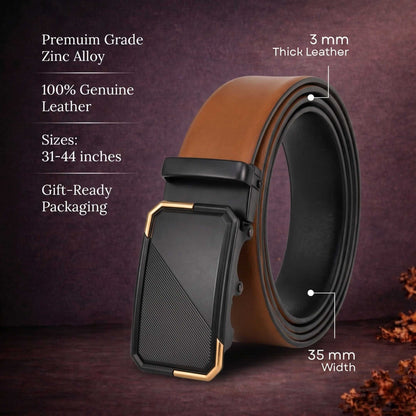 Mens 100% Genuine Leather Belt - VELARO Smooth Matte, BELVARO Gloss Gold-Frame Auto-Lock Buckle (Brown & Black Reversible) — Leather Belts for Men | THE MEN THING