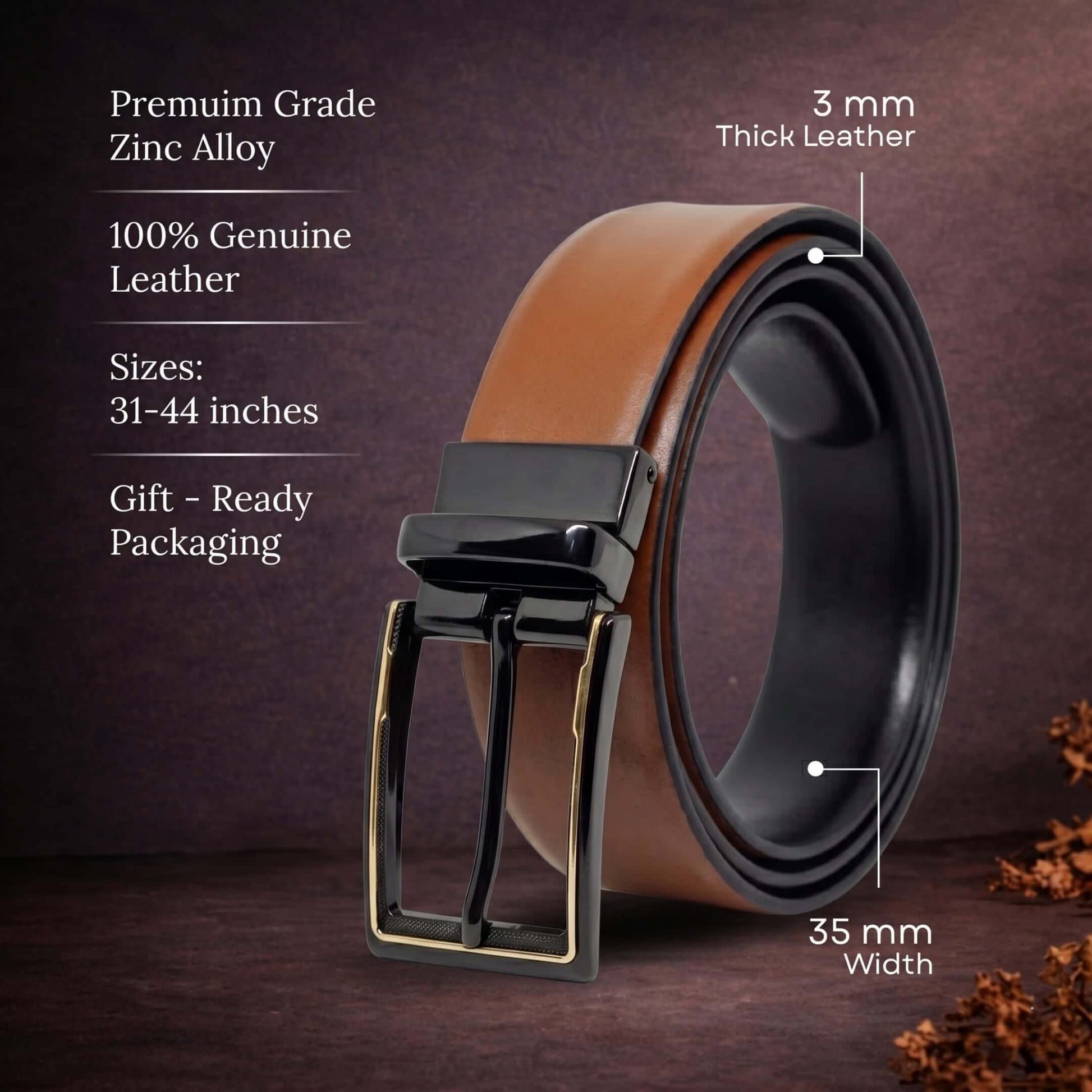 Mens 100% Genuine Leather Belt - VELARO Smooth Matte, CYRON Gold-Edge Gunmetal Pin Buckle (Brown & Black Reversible) — Leather Belts for Men | THE MEN THING