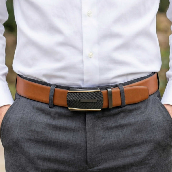 Mens 100% Genuine Leather Belt - VELARO Smooth Matte, REGALIX Textured Auto-Lock Buckle (Brown & Black Reversible)