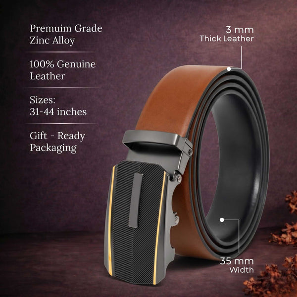 Mens 100% Genuine Leather Belt - VELARO Smooth Matte, REGALIX Textured Auto-Lock Buckle (Brown & Black Reversible)