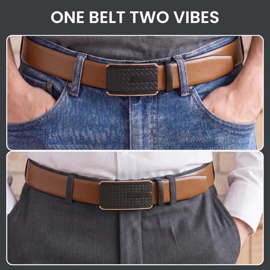 Mens 100% Genuine Leather Belt - VELARO Smooth Matte, KRYPT Basket-Weave Auto-Lock Buckle (Brown & Black Reversible) — Leather Belts for Men | THE MEN THING