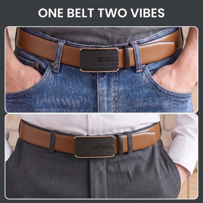Mens 100% Genuine Leather Belt - VELARO Smooth Matte, KRYPT Basket-Weave Auto-Lock Buckle (Brown & Black Reversible) — Leather Belts for Men | THE MEN THING