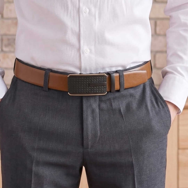 Mens 100% Genuine Leather Belt - VELARO Smooth Matte, KRYPT Basket-Weave Auto-Lock Buckle (Brown & Black Reversible)