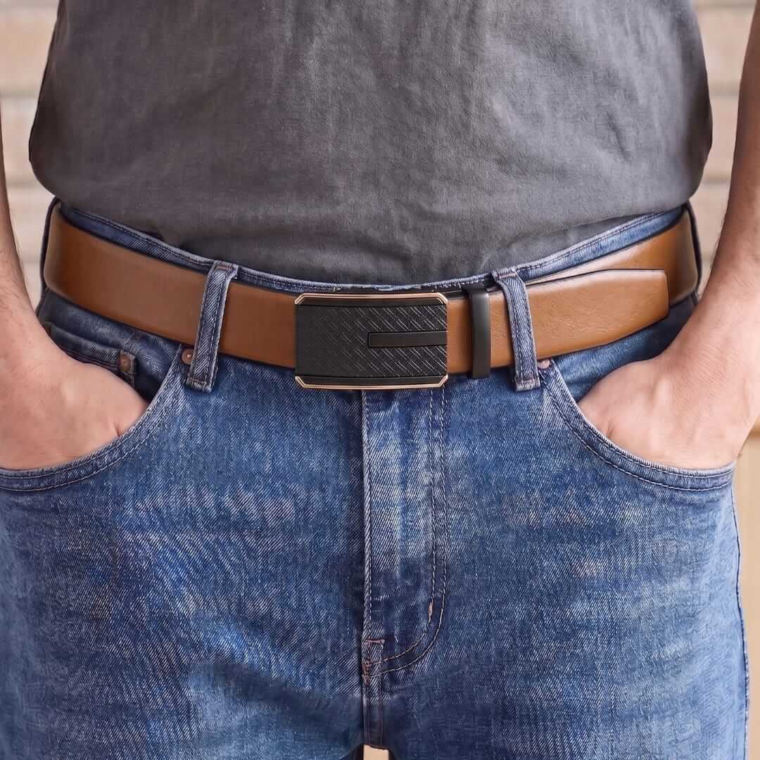 Mens 100% Genuine Leather Belt - VELARO Smooth Matte, KRYPT Basket-Weave Auto-Lock Buckle (Brown & Black Reversible) — Leather Belts for Men | THE MEN THING