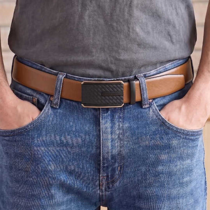 Mens 100% Genuine Leather Belt - VELARO Smooth Matte, KRYPT Basket-Weave Auto-Lock Buckle (Brown & Black Reversible) — Leather Belts for Men | THE MEN THING