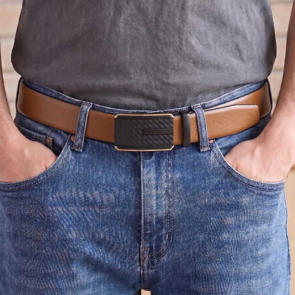 Mens 100% Genuine Leather Belt - VELARO Smooth Matte, KRYPT Basket-Weave Auto-Lock Buckle (Brown & Black Reversible)