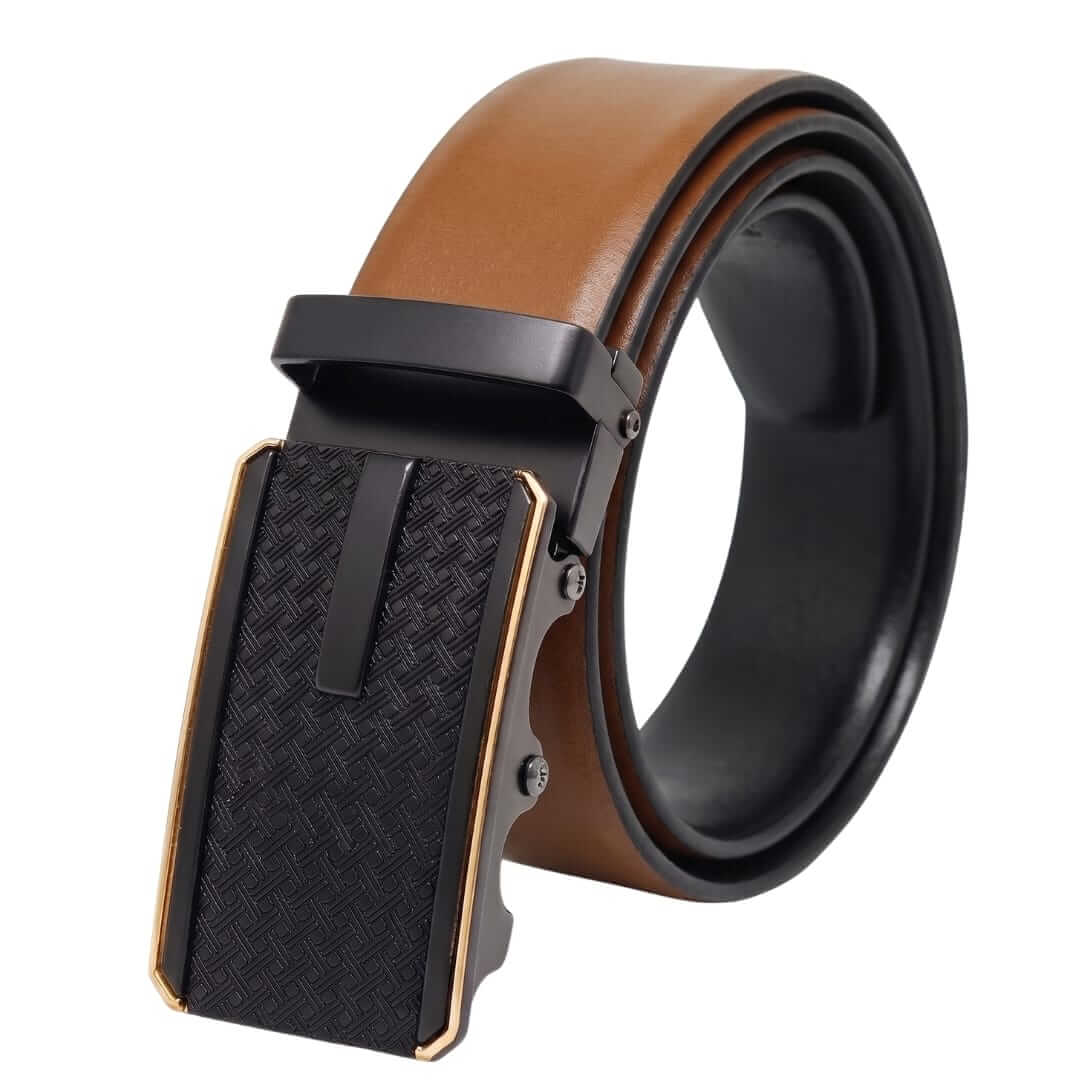 Mens 100% Genuine Leather Belt - VELARO Smooth Matte, KRYPT Basket-Weave Auto-Lock Buckle (Brown & Black Reversible) — Leather Belts for Men | THE MEN THING