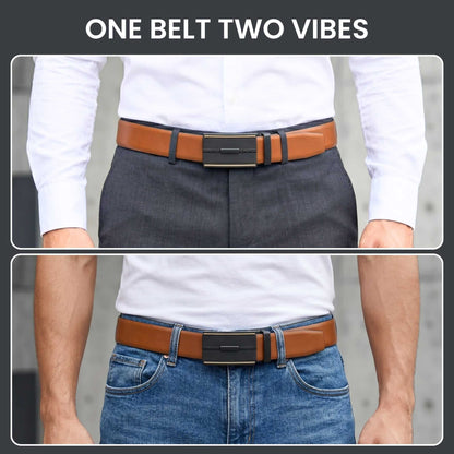 Mens 100% Genuine Leather Belt - VELARO Smooth Matte, VITARO Cross-Hatch Auto-Lock Buckle (Brown & Black Reversible) — Leather Belts for Men | THE MEN THING
