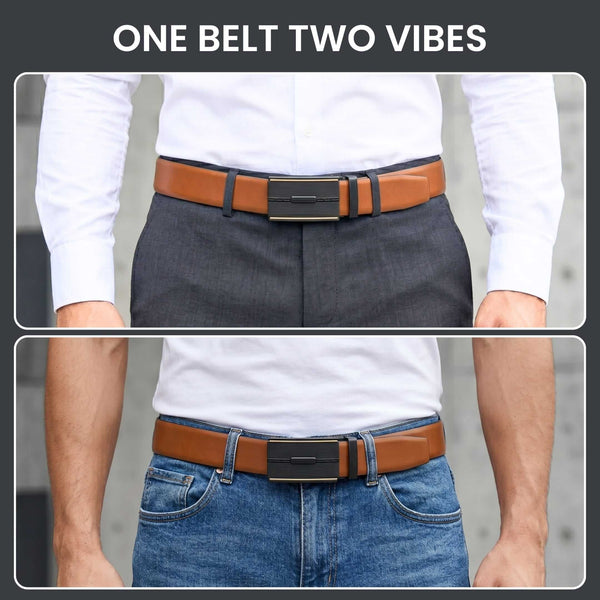 Mens 100% Genuine Leather Belt - VELARO Smooth Matte, VITARO Cross-Hatch Auto-Lock Buckle (Brown & Black Reversible)