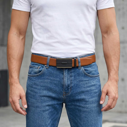 Mens 100% Genuine Leather Belt - VELARO Smooth Matte, VITARO Cross-Hatch Auto-Lock Buckle (Brown & Black Reversible) — Leather Belts for Men | THE MEN THING