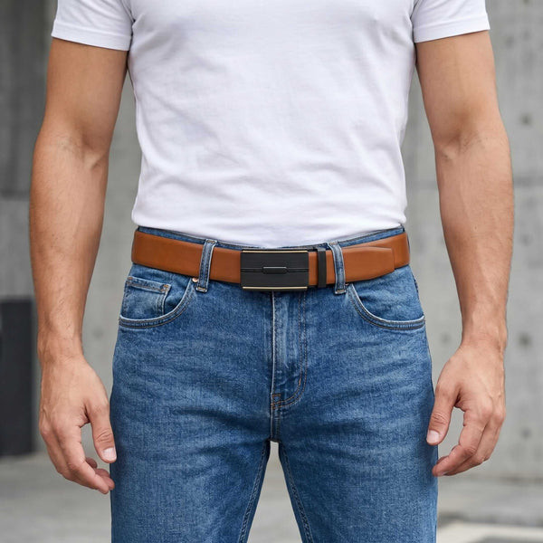 Mens 100% Genuine Leather Belt - VELARO Smooth Matte, VITARO Cross-Hatch Auto-Lock Buckle (Brown & Black Reversible)