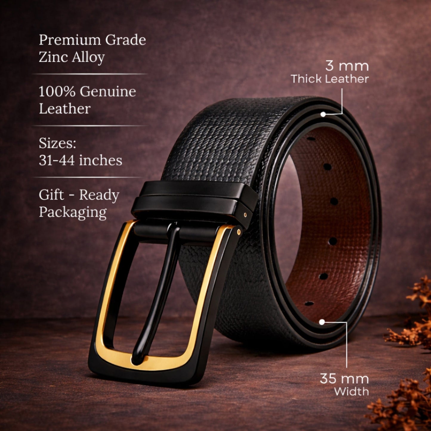 THE MEN THING Leather Belts Mens Genunie Leather Belt | 2 in 1 Reversible (Black & Brown) (1 Pc.) - VELNOX