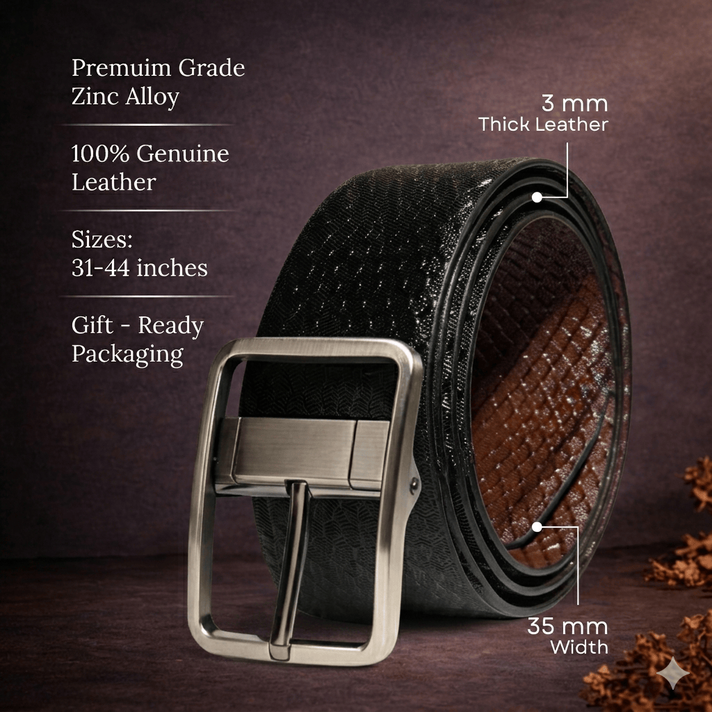 THE MEN THING Leather Belts Mens Genunie Leather Belt | 2 in 1 Reversible (Black & Brown) (1 Pc.) - WEXARO