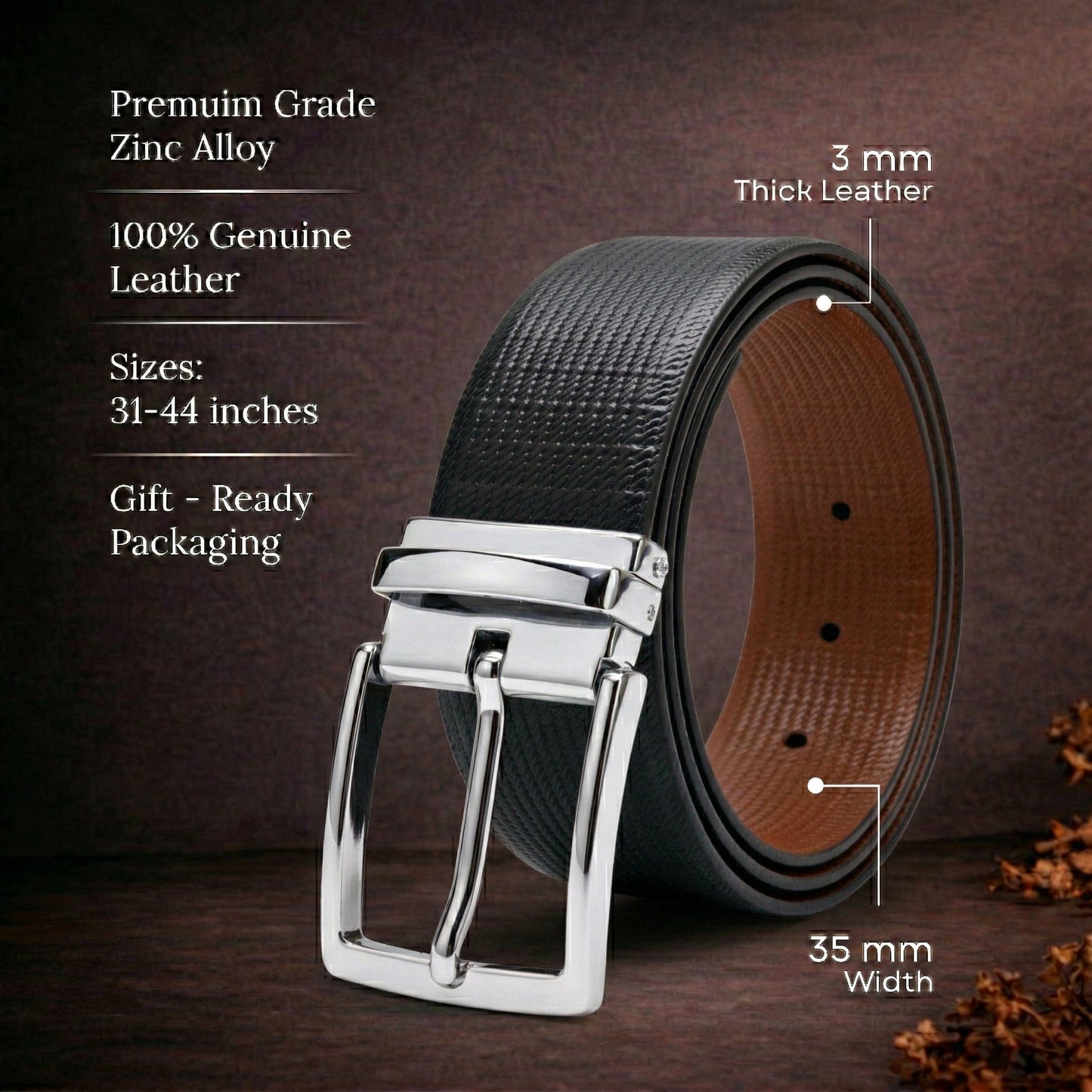 THE MEN THING Leather Belts Mens Genunie Leather Belt | 2 in 1 Reversible (Black & Brown) (1 Pc.) - ZELVOR