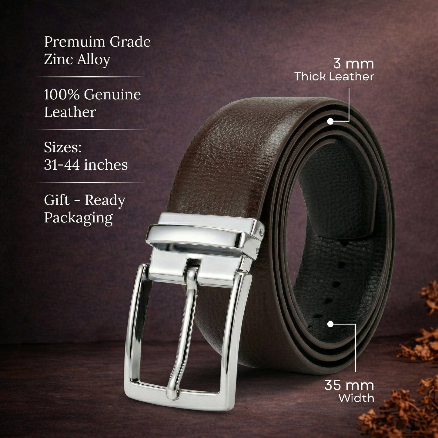 THE MEN THING Leather Belts Mens Genunie Leather Belt | 2 in 1 Reversible (Brown & Black  ) (1 Pc.) - LUXARO