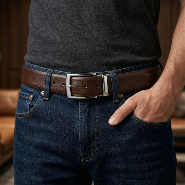 Mens Genuine Leather Belt | 2 in 1 Reversible (Brown & Black  ) (1 Pc.) - LUXARO