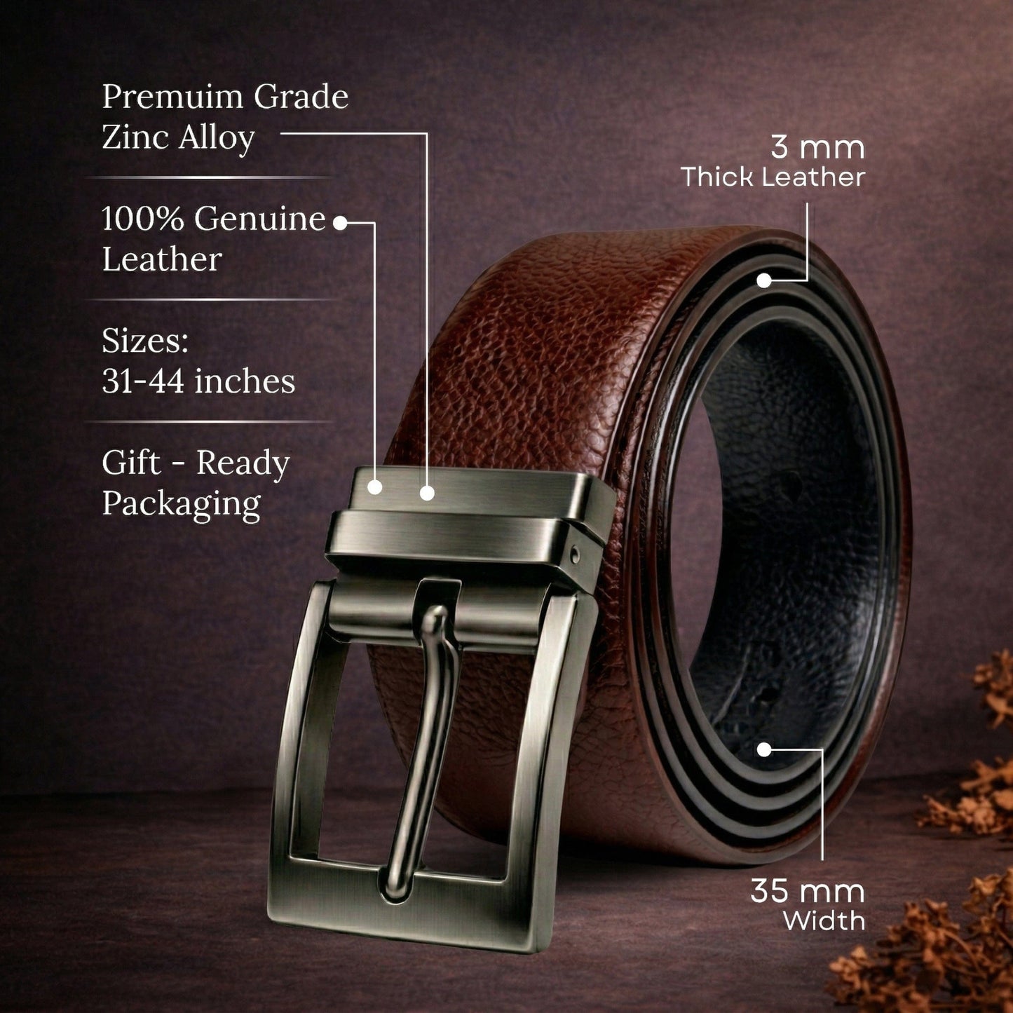 THE MEN THING Leather Belts Mens Genunie Leather Belt | 2 in 1 Reversible (Brown & Black  ) (1 Pc.) - MONEX