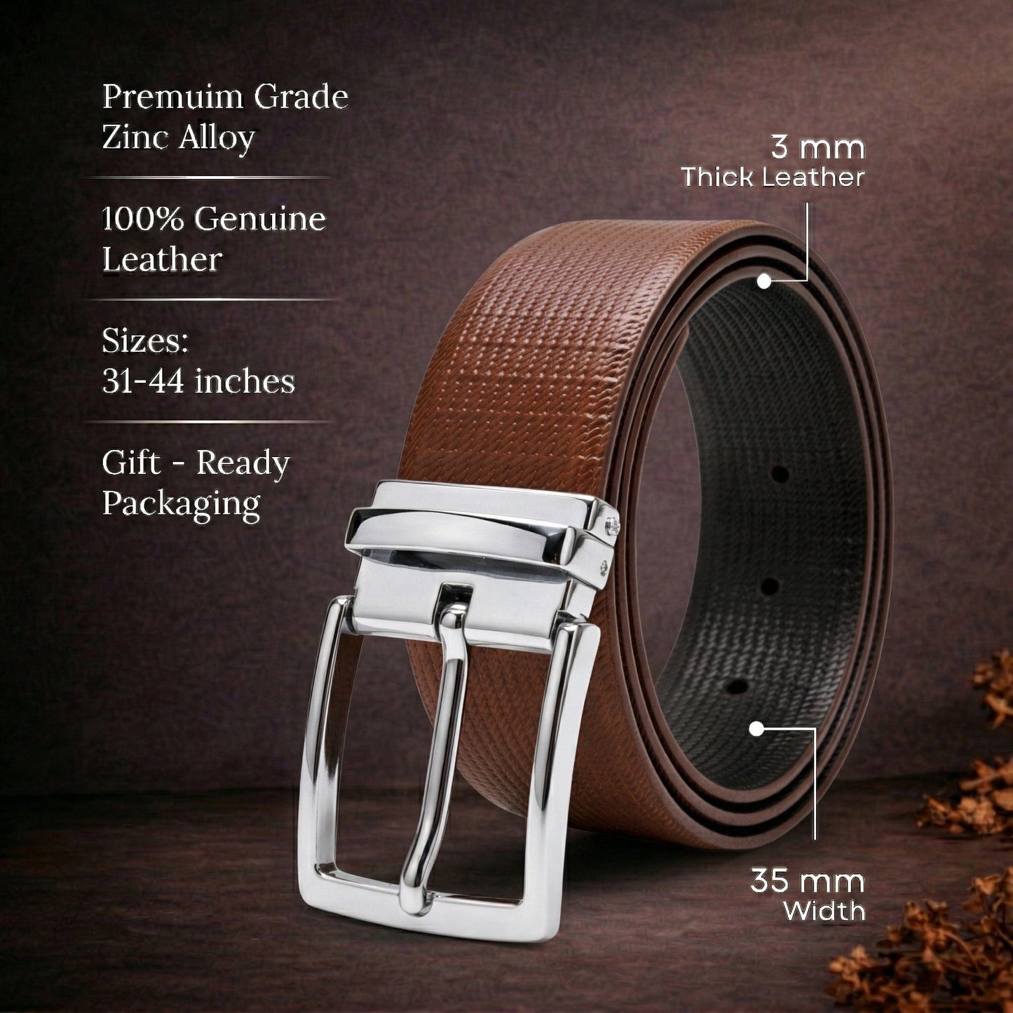 THE MEN THING Leather Belts Mens Genunie Leather Belt | 2 in 1 Reversible (Brown & Black  ) (1 Pc.) - ZELVOR