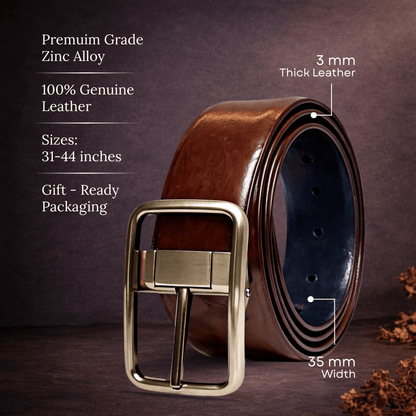 THE MEN THING Leather Belts NAVERO BROWN - Premium Genuine Leather Reversible Belt for Men & Boys | Durable & Stylish for Everyday Wear