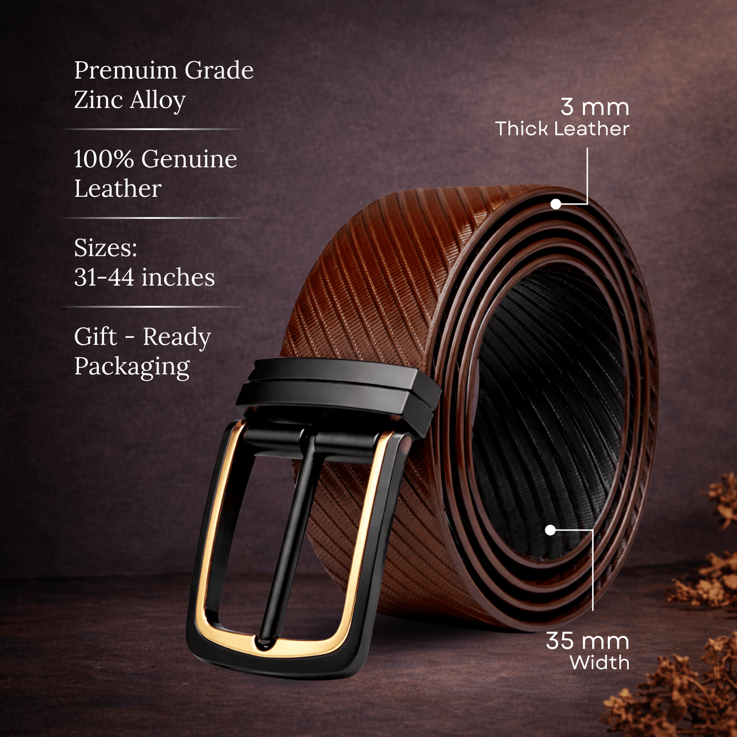 THE MEN THING Leather Belts NOIRWAVE BROWN - Premium Genuine Leather Reversible Belt for Men & Boys | Durable & Stylish for Everyday Wear