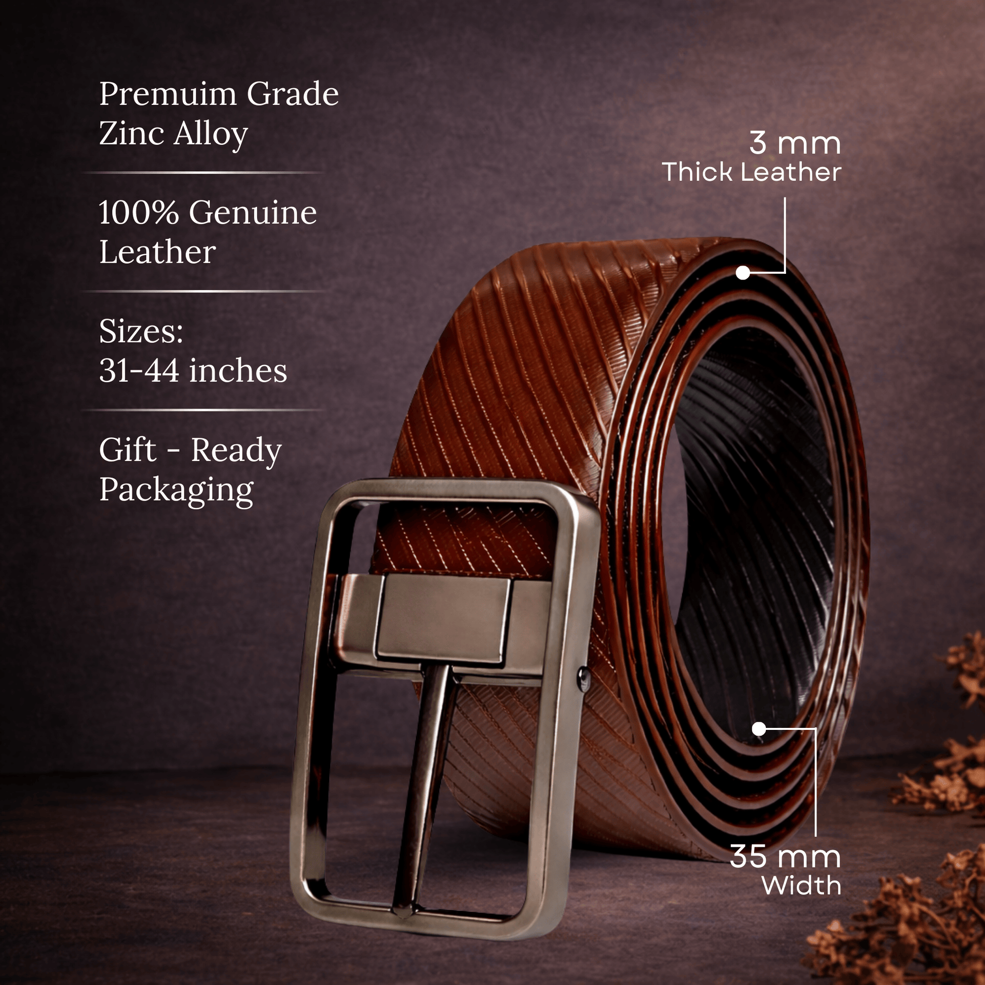 THE MEN THING Leather Belts ONYX DUO  BROWN - Premium Genuine Leather Reversible Belt for Men & Boys | Durable & Stylish for Everyday Wear